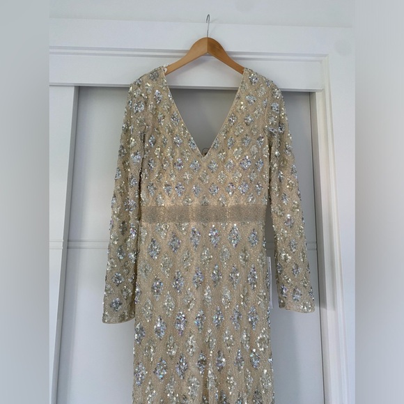 Mac Duggal Long Sleeve Cream Gown with Silver Accents - Picture 6 of 10